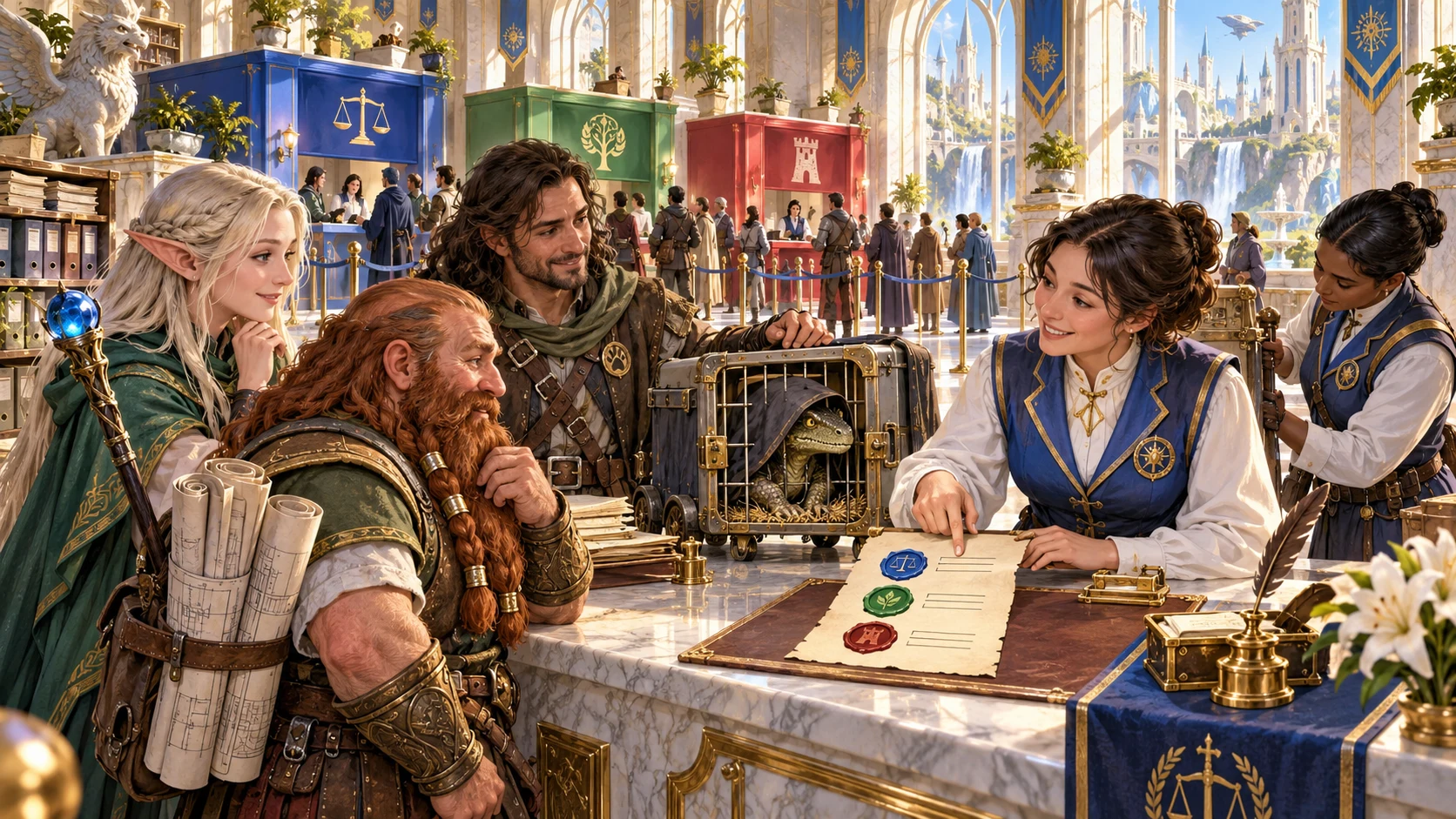 A helpful civic clerk explains a three-seal permit checklist to adventurers beside a caged creature while citizens queue at coloured offices.